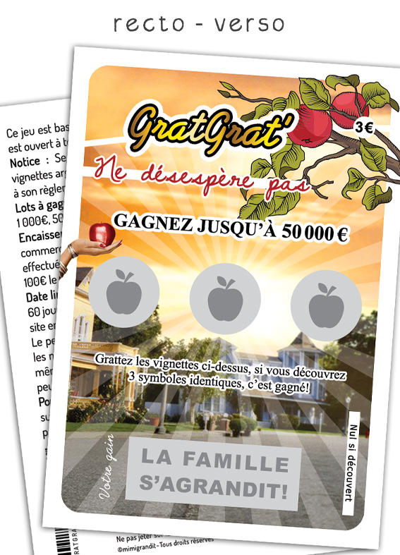 Faux règlement factice au dos de la carte à gratter annonce grossesse série. Faux règlement factice au dos de la carte à gratter annonce grossesse série.