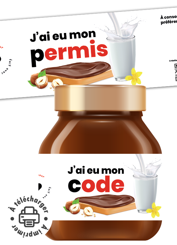 Étiquette personnalisée annonce réussite permis de conduire sur pot de chocolat.