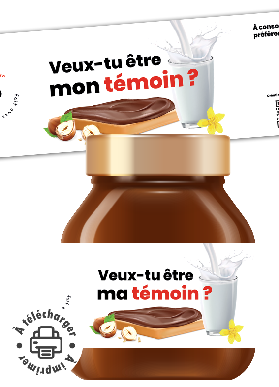 Étiquette personnalisée demande témoin sur pot de chocolat.