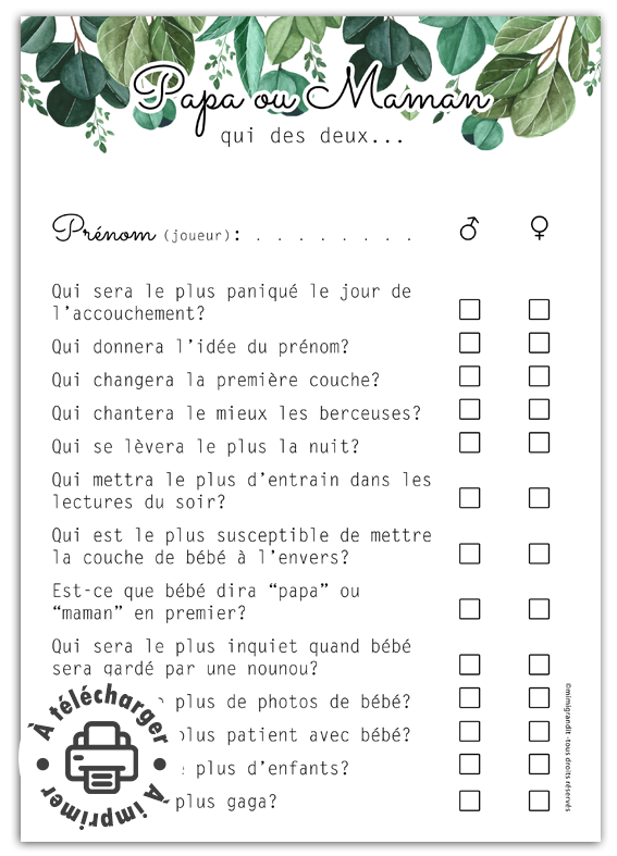 Jeu baby shower papa ou maman feuilles activité "Qui des deux".