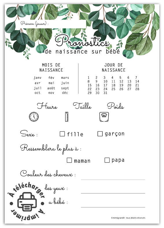 Pronostics bébé à imprimer fiche de jeu baby shower thème feuilles.