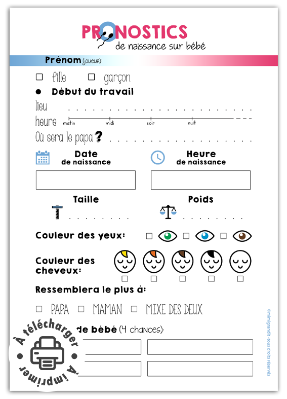 Pronostics baby shower à imprimer fiche de jeu complète pour fête prénatale.