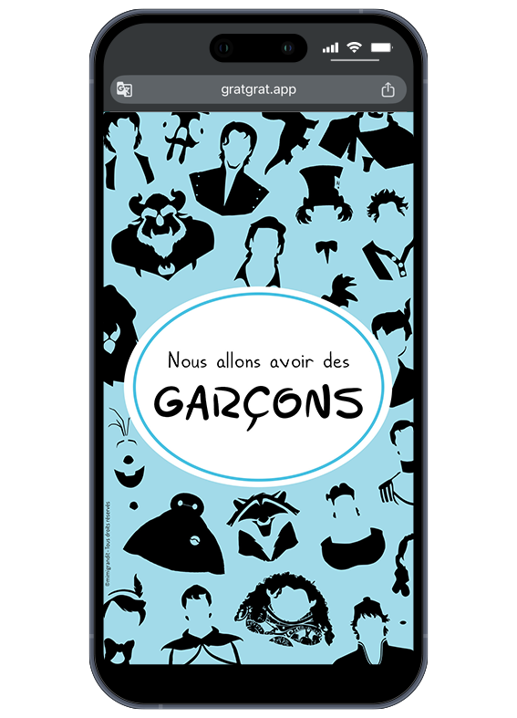 Qui se cache derrière les pastilles dorées ? Grattez vite pour découvrir le scoop ! Révélation virtuelle pour jumeaux garçons thème super-héros. Résultat NOUS ALLONS AVOIR DES GARÇONS !" sur smartphone.