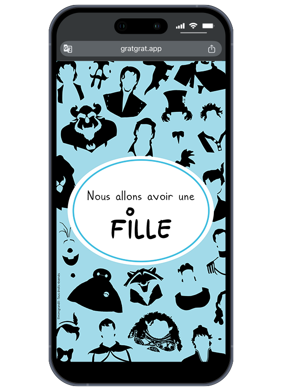 Carte annonce sexe bébé sur téléphone fille. Résultat d'une révélation de genre virtuelle sur téléphone indiquant "NOUS ALLONS AVOIR UNE FILLE !".