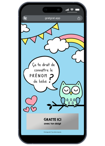 Carte à gratter numérique annonce prénom bébé thème hibou avec zone à gratter "Révèle mon prénom" sur smartphone.