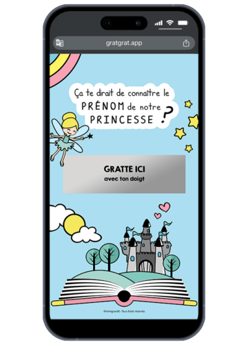 Annonce prénom bébé numérique thème livre de contes rose avec pastille argentée "Gratte ici" sur l'écran d'un smartphone.