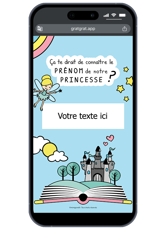 Écrivez votre propre histoire en personnalisant le prénom et votre message en quelques secondes. Interface de personnalisation de la carte virtuelle annonce prénom style conte de fées montrant le texte éditable.