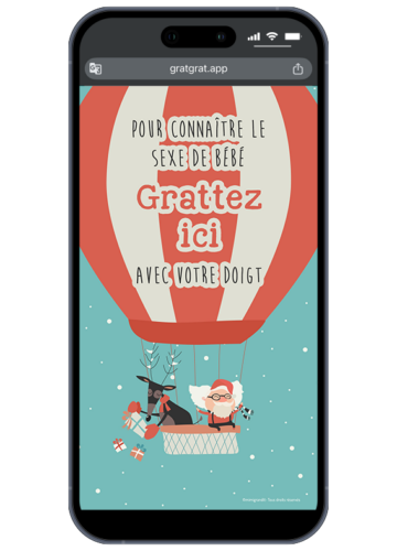 Carte à gratter numérique annonce sexe bébé thème Montgolfière de Noël avec zone "Gratte ici" sur un smartphone.