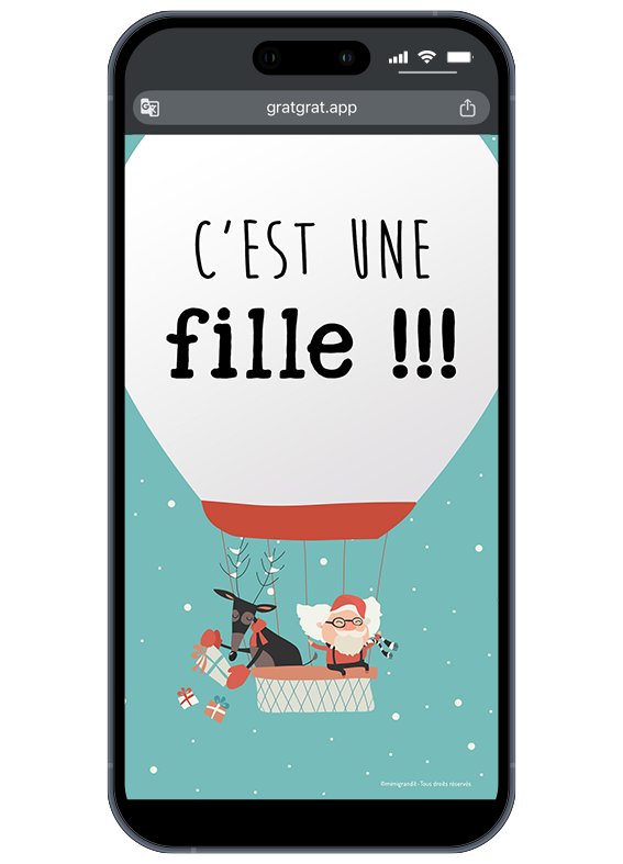 Le plus beau voyage commence cette année ! Partagez ce moment magique instantanément. Résultat de la carte virtuelle Noël montgolfière révélant le verdict "Bébé est une fille !".