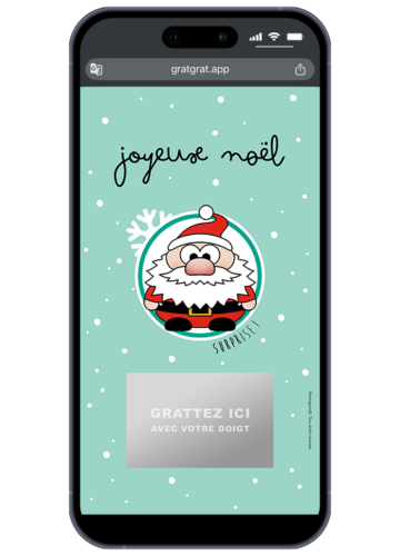 Annonce sexe bébé numérique Noël avec illustration de Père Noël et zone à gratter "Surprise" sur l'écran d'un smartphone.