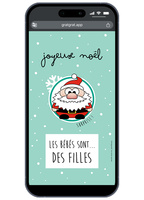 Le plus beau cadeau de Noël est arrivé ! Partagez ce moment magique instantanément par SMS, WhatsApp ou mail. Annonce jumeaux numérique Noël montrant le résultat final : "Les bébés sont des filles !" (idéal jumeaux ou triplés).