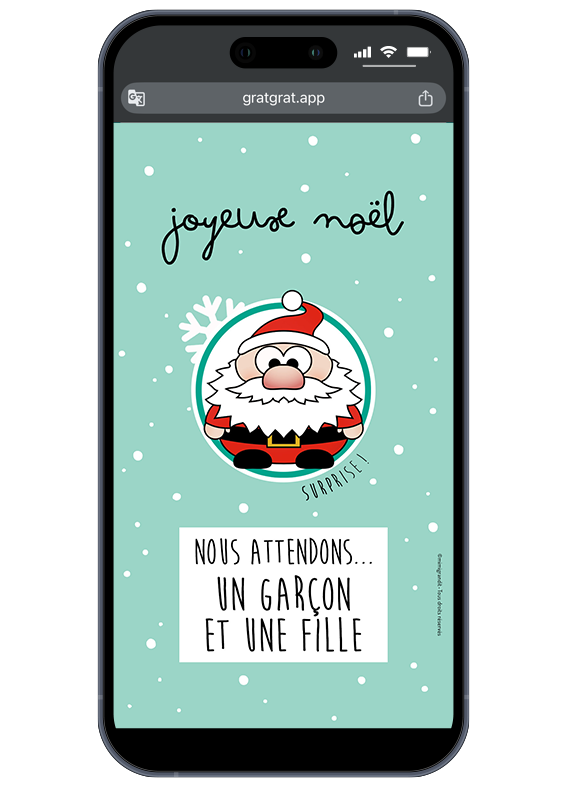 Le plus beau cadeau de Noël est arrivé ! Partagez ce moment magique instantanément par SMS, WhatsApp ou mail. Révélation de genre pour jumeaux mixtes de Noël avec le texte : "Nous attendons un garçon et une fille !".