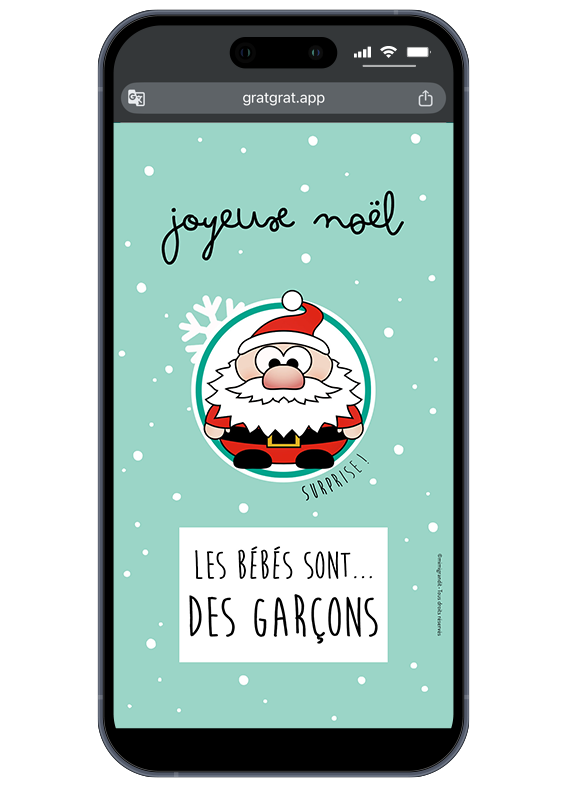Le plus beau cadeau de Noël est arrivé ! Partagez ce moment magique instantanément par SMS, WhatsApp ou mail. Jeu de grattage virtuel pour jumeaux ou triplés révélant le message "Les bébés sont des garçons !".