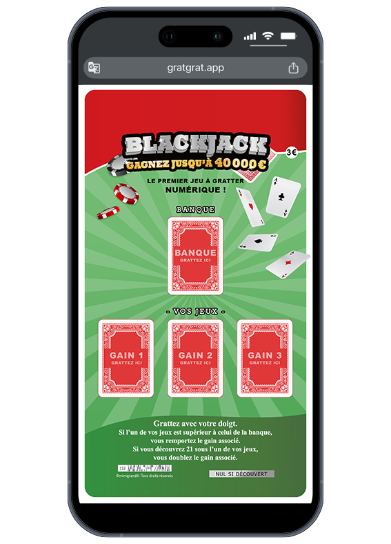 Annonce sexe bébé numérique thème Blackjack sur smartphone avec un jeton doré "Gratte ici" sur une table de casino.