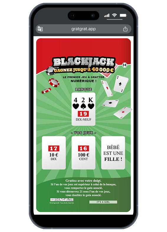 Jackpot émotionnel ! Partagez votre bonheur instantanément par SMS, WhatsApp ou mail. Résultat de l'annonce sexe bébé numérique Blackjack révélant le message "C'est une fille !".