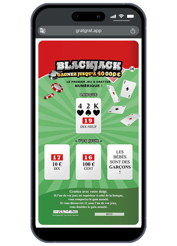 Jackpot émotionnel ! Partagez votre bonheur instantanément par SMS, WhatsApp ou mail. Jeu de grattage virtuel pour jumeaux ou triplés révélant le message "Les bébés sont des garçons !".
