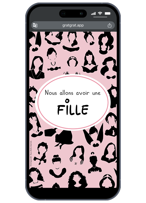 Une nouvelle petite princesse rejoint bientôt le royaume ! Résultat carte virtuelle princesses : "Nous allons avoir une fille" écrit sur fond blanc.