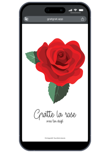 Carte à gratter numérique personnalisable avec illustration de rose rouge romantique et texte "Gratte la rose avec ton doigt".