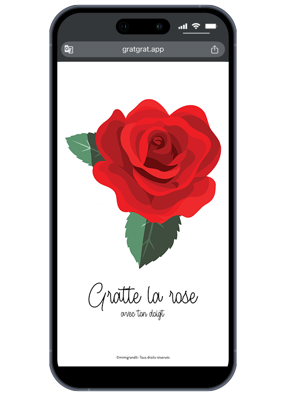 Dites-le avec une rose virtuelle... Grattez les pétales pour révéler votre secret ! Carte à gratter numérique personnalisable avec illustration de rose rouge romantique et texte "Gratte la rose avec ton doigt".