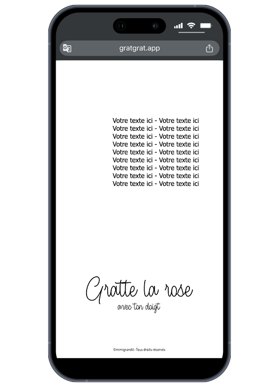 Personnalisez votre déclaration en quelques clics pour un effet "Waouh" garanti. Interface de la carte virtuelle personnalisable révélant le message secret "Votre texte ici" après le grattage de la rose.