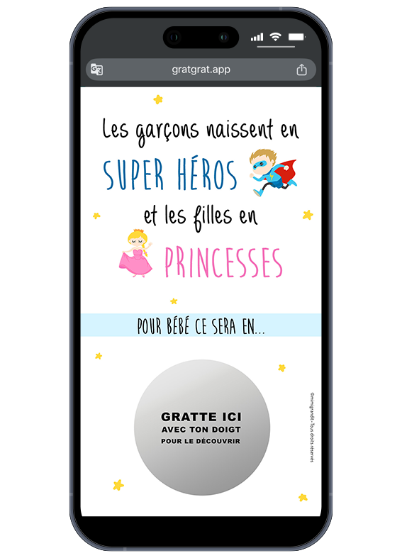 Carte virtuelle annoncer le sexe de bébé thématique Princesse ou Héros avec zone à gratter "Gratte ici" sur mobile.