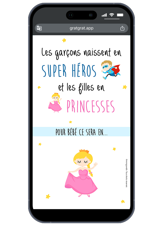 Surprise ! Une petite princesse rejoint l'aventure. Partagez ce bonheur par SMS, WhatsApp ou mail. Résultat de l'annonce sexe bébé numérique révélant le message "C'est une fille !" avec une illustration de petite princesse.