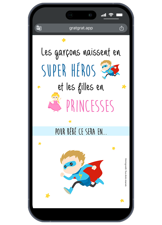 Scoop ! Un petit super-héros est en chemin. Envoyez cette annonce interactive à vos proches ! Verdict d'une gender reveal virtuelle sur téléphone affichant "C'est un garçon !" avec un visuel de petit super-héros.