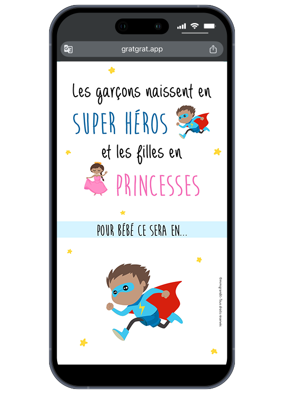 Scoop ! Un petit super-héros est en chemin. Envoyez cette annonce interactive à vos proches ! Verdict d'une annonce de sexe bébé sur mobile révélant le message "C'est un garçon !" avec un petit super-héros.