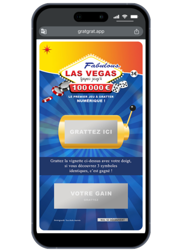 Carte à gratter numérique annonce sexe bébé thème Las Vegas avec zones "Votre gain" et "777" sur l'écran d'un smartphone.