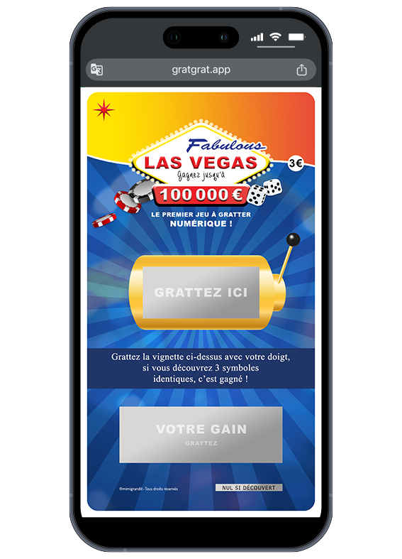Carte à gratter numérique annonce sexe bébé thème Las Vegas avec zones "Votre gain" et "777" sur l'écran d'un smartphone.