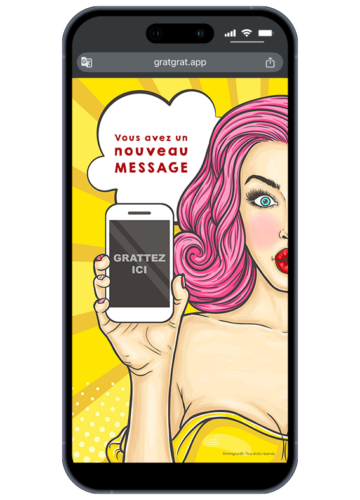 Carte à gratter numérique annonce sexe bébé style Pop Art avec illustration de femme rétro et zone à gratter "Gratte ici" sur smartphone.