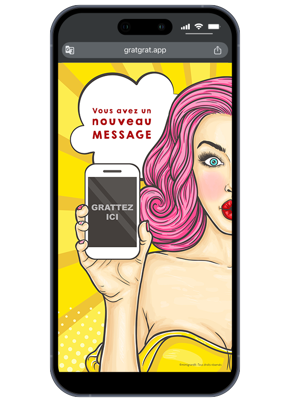 Carte à gratter numérique annonce sexe bébé style Pop Art avec illustration de femme rétro et zone à gratter "Gratte ici" sur smartphone.