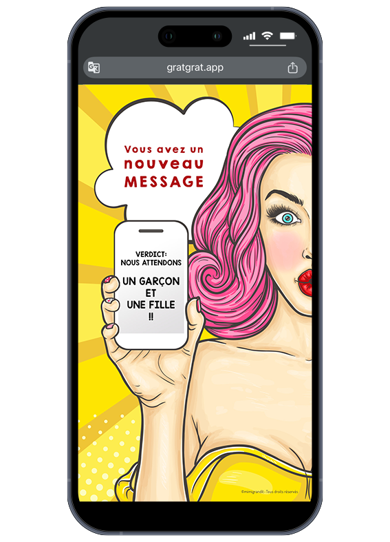Secret révélé ! Partagez votre bonheur instantanément par SMS, WhatsApp ou mail. Révélation de genre pour jumeaux mixtes style Pop Art : "Verdict : nous allons avoir un garçon et une fille !".
