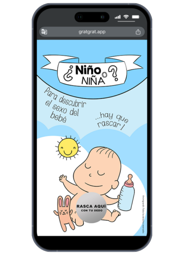 Anuncio de revelación de género digital en español con dibujo de un bebé y una zona gris para rascar con el dedo en un móvil.