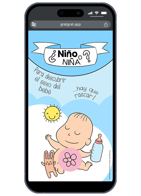 ¡Es una niña! Una forma original y divertida de compartir la noticia. Resultado de la tarjeta digital interactiva revelando que es una Niña con un símbolo de flor rosa tras el rascado.