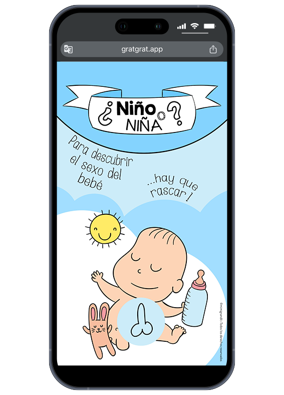 ¡Es un niño! Avisa a todos con este anuncio lleno de humor y alegría. Pantalla de smartphone mostrando el resultado "Niño" con un símbolo gracioso en azul en la tarjeta rasca de anuncio de embarazo.