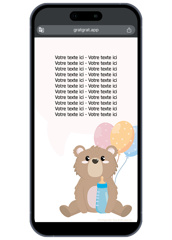 Rendu de la zone de texte personnalisable après grattage de la bulle Carte surprise gender reveal interactive a personnaliser sur telephone