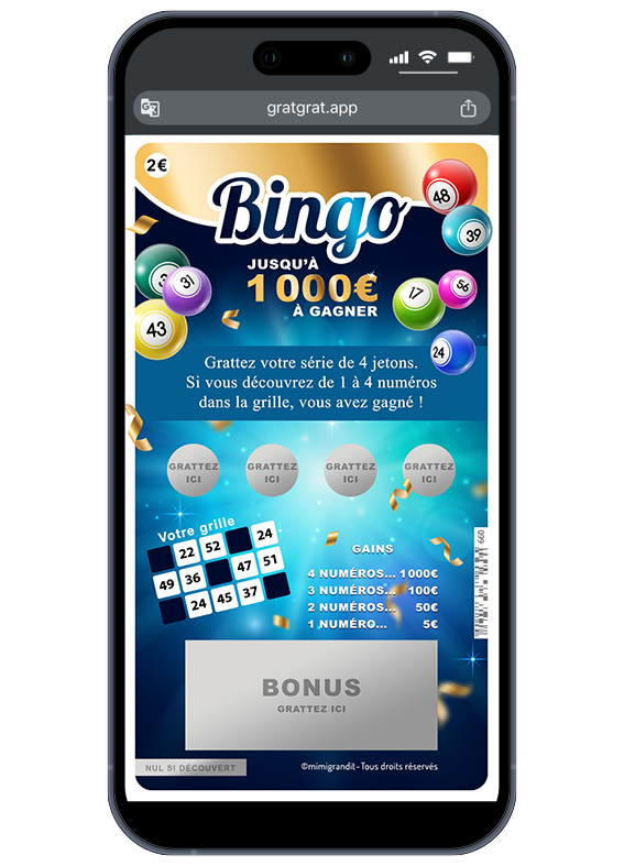 Carte virtuelle personnalisable par sms thème Bingo avec jetons à gratter et case "Bonus" argentée sur smartphone.