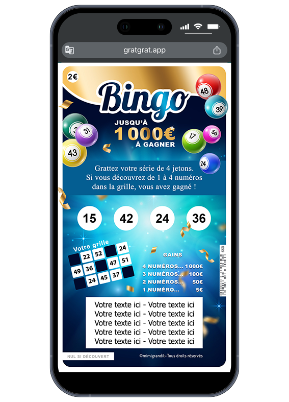Votre annonce sur-mesure prête à être partagée par SMS, WhatsApp ou mail. Résultat d'une carte virtuelle personnalisable par sms révélant les numéros gagnants du Bingo et votre message personnalisé.