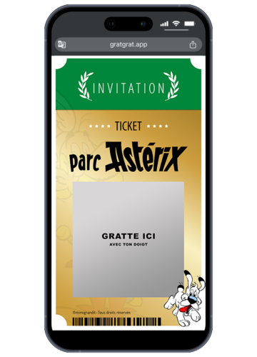Invitation Parc Astérix carte virtuelle personnalisable ticket or avec zone à gratter grise sur smartphone.