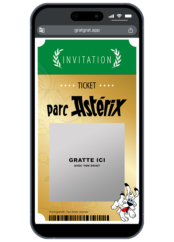 Invitation Parc Astérix carte virtuelle personnalisable ticket or avec zone à gratter grise sur smartphone.