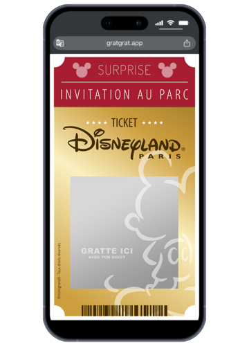 Invitation Disneyland Paris carte virtuelle personnalisable sous forme de ticket d'or avec zone à gratter sur smartphone.