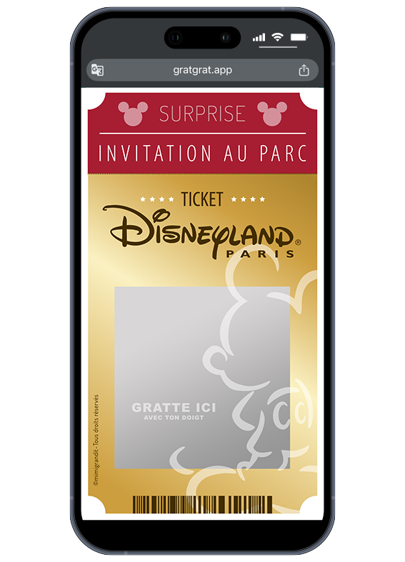 Invitation Disneyland Paris carte virtuelle personnalisable sous forme de ticket d'or avec zone à gratter sur smartphone.