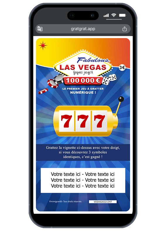 Jackpot émotionnel ! Personnalisez votre annonce et partagez-la instantanément par SMS ou WhatsApp. Annonce personnalisée numérique révélant un triple 7 gagnant et un texte sur-mesure sur l'écran d'un smartphone.