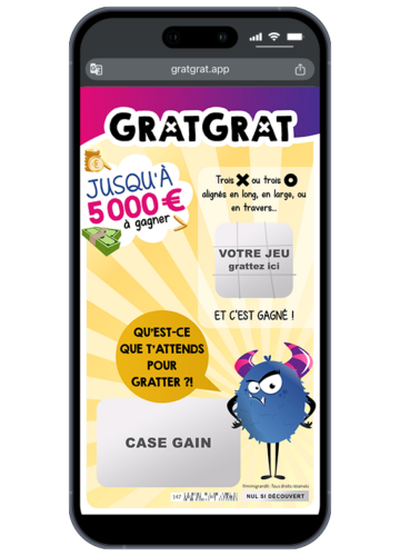 Carte à gratter sur téléphone personnalisable avec un jeu de Morpion, un petit monstre bleu et des zones grises à gratter.