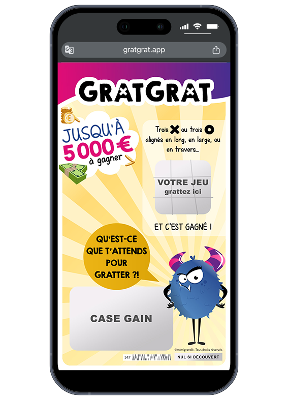 Prêt pour une partie ? Grattez la grille et la case gain pour découvrir la surprise ! Carte à gratter sur téléphone personnalisable avec un jeu de Morpion, un petit monstre bleu et des zones grises à gratter.