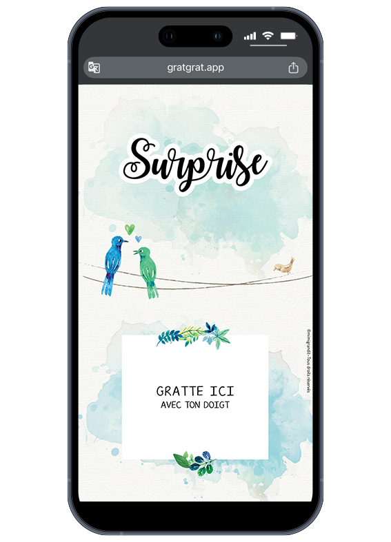 Carte à gratter virtuelle personnalisable surprise avec illustration aquarelle de deux oiseaux sur un fil.
