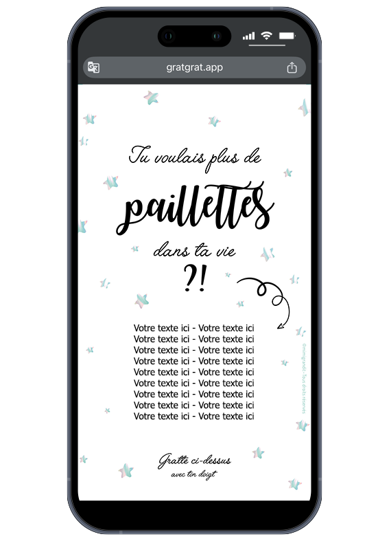 Personnalisez votre annonce avec vos propres mots pour un effet "Waouh" immédiat. Interface de la carte virtuelle personnalisable révélant le texte caché après le grattage numérique sur smartphone.