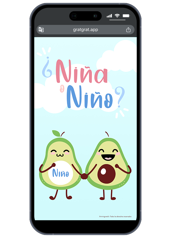 ¡Es un niño! El nuevo integrante de la familia está en camino. Pantalla de smartphone con anuncio de sexo de bebé digital revelado: "Niño" con tipografía azul y dibujos de aguacates.