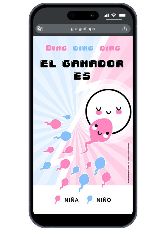 ¡DING DING DING! Es una niña. ¡Comparte la victoria con tus seres queridos al instante! Resultado de la tarjeta digital interactiva revelando que el ganador es una Niña con fondo de rayos rosa y azul.